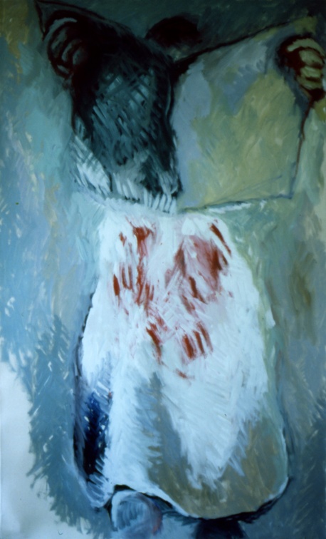 (T0021) Le boucher, 1986, acrylique sur toile, 160 x 97 cm, collection privée