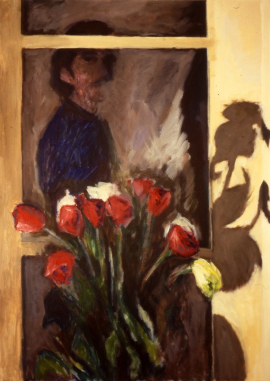 (T0045) Autoportrait aux roses, 1987, acrylique sur toile, 97 x 62 cm (13411 visites) (T0045) Autoportrait aux roses, 1987, acrylique sur toile, 97 x 62 cm