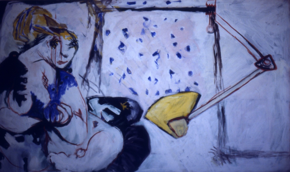 (T0096) Couple à la lampe, 1988, acrylique sur toile, 97 x 162 cm (3489 visites) (T0096) Couple à la lampe, 1988, acrylique sur toile, 97 x 162 cm