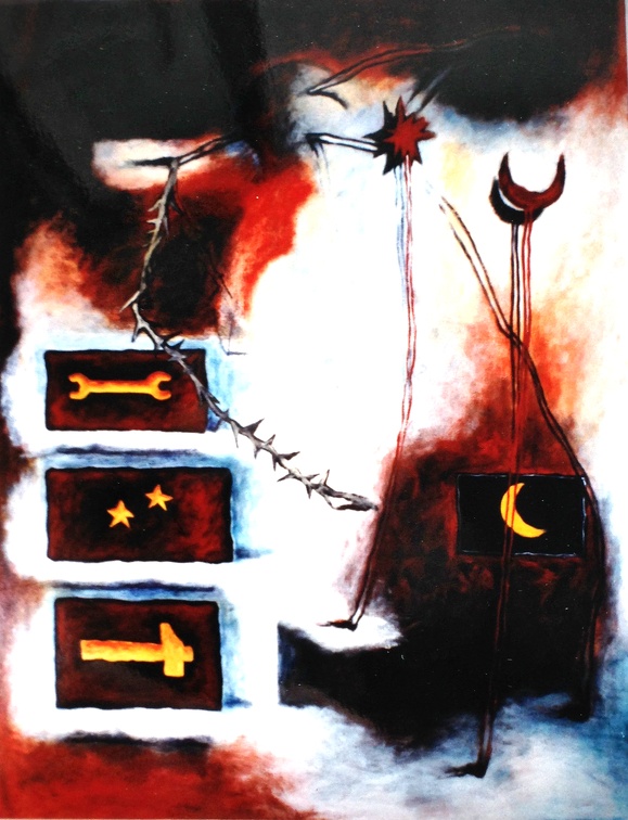 (T0210) Nature morte marteau clef, 1992, acrylique sur toile, 146 x 114 cm (15579 visites) (T0210) Nature morte marteau clef, 1992, acrylique sur toile, 146 x 114 cm