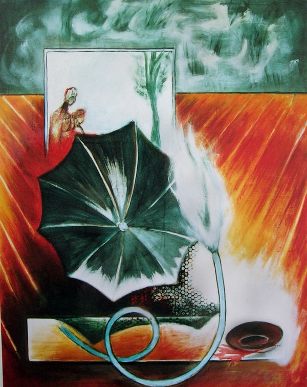 (T0214) Parasol 2, 1992, acrylique sur toile, 146 x 114 cm, collection privée (triptyque avec T0213 et T0225)