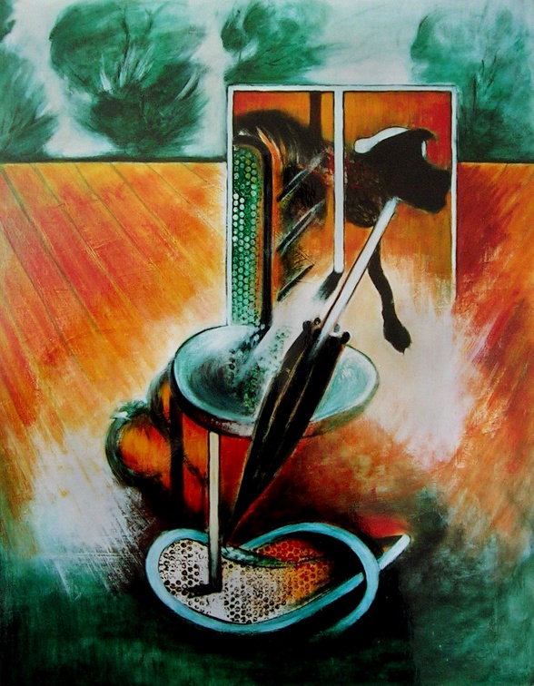 (T0213) Parapluie, 1992, acrylique sur toile, 146 x 114 cm, collection privée (triptyque avec T0214 et T0225)